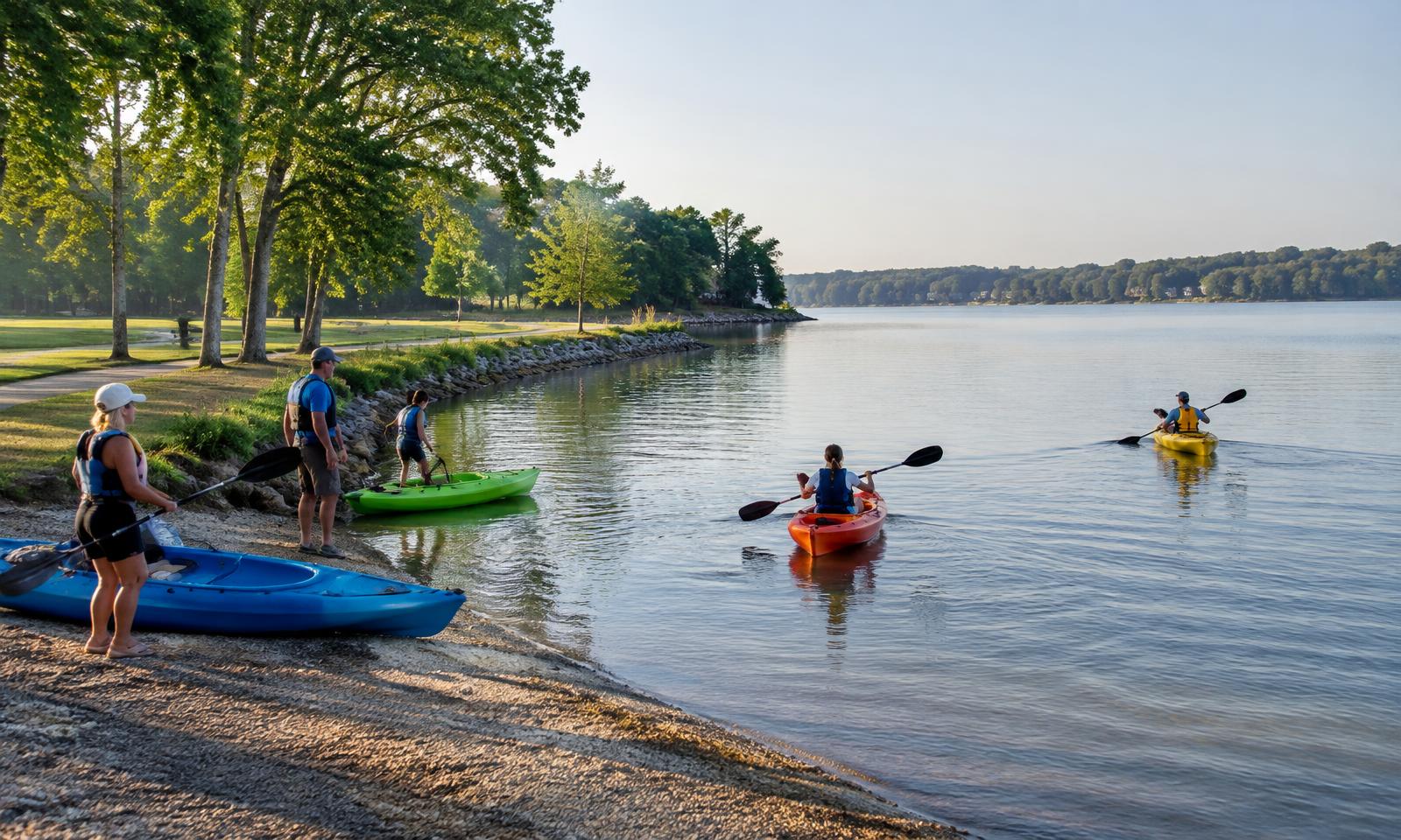 Illustrative kayakers at a North Carolina lake