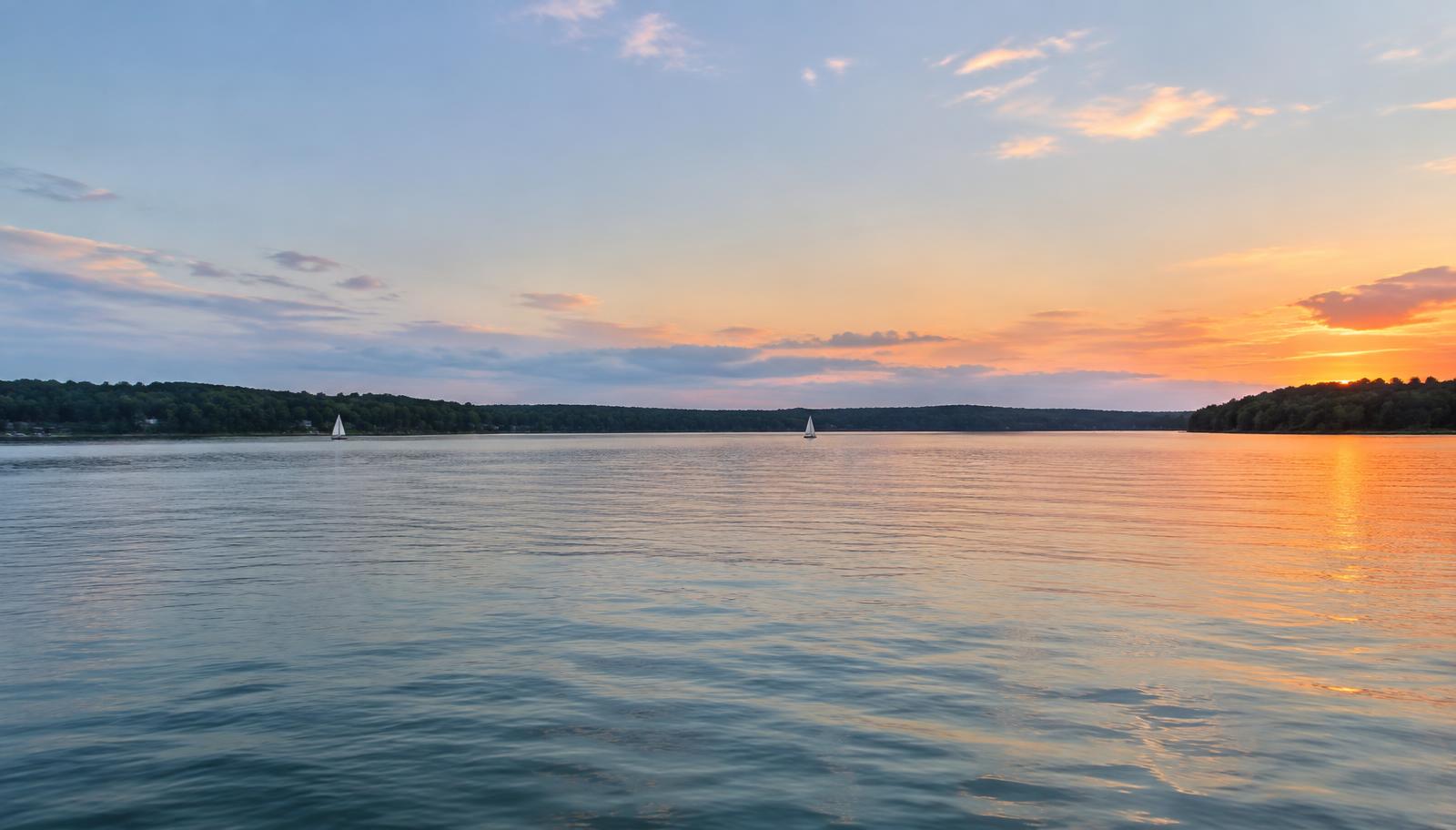 Illustrative evening view across a North Carolina lake