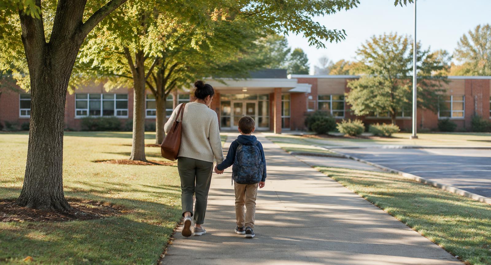Illustrative parent and child walking toward a North Carolina school